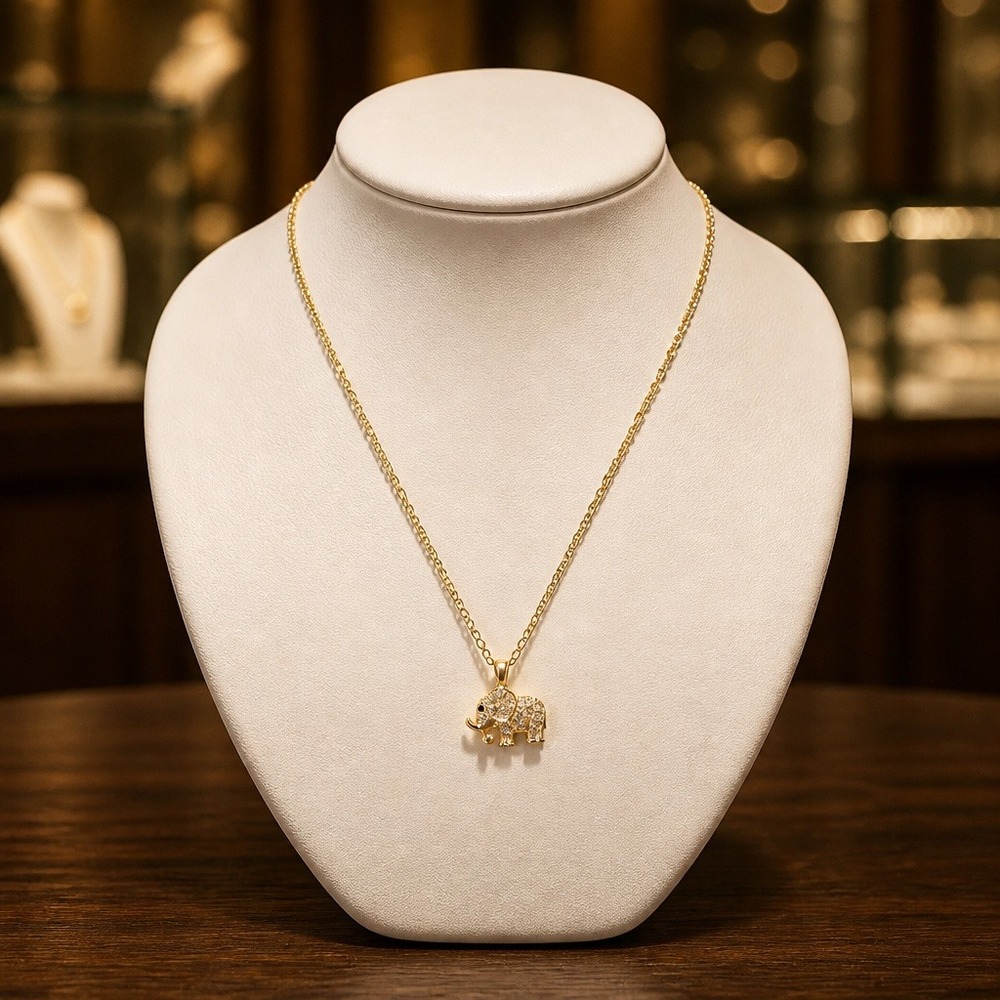 Gold Tone Stainless Steel Pave Rhinestone Elephant Pendant Necklace